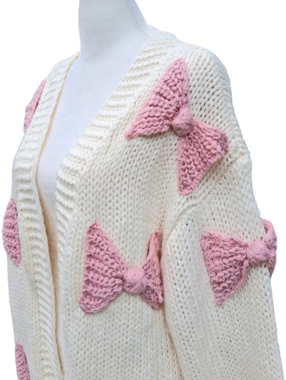 Altar'd State Victoria Bow Cardigan Cream Pink Knit Open Front Sweater Size XS - Picture 7 of 12